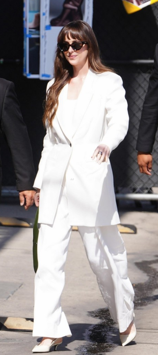 white jacket, pants, black sunglasses, and slingback pumps?