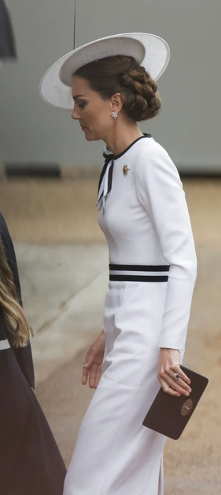 white striped dress, clutch handbag, and pumps?