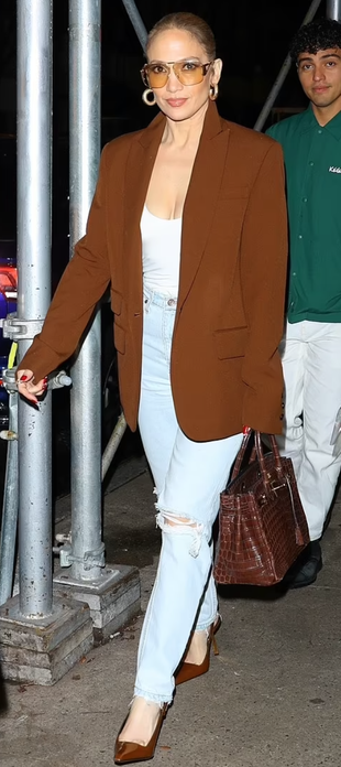 brown jacket, gold hoop earrings, tote handbag, and slingback pumps?