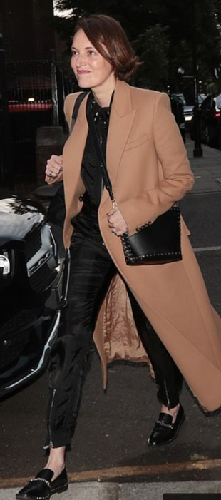 beige coat, bucket handbag, and black loafer shoes?