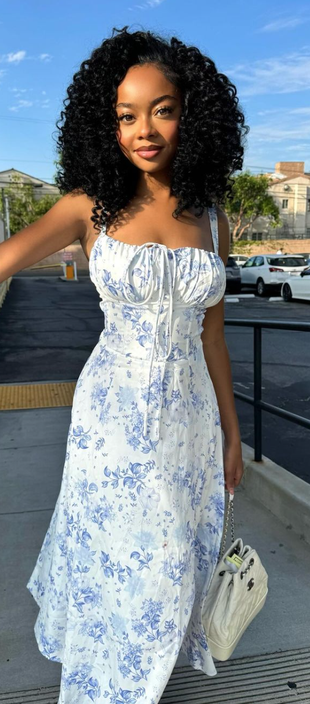 blue floral dress and white handbag?