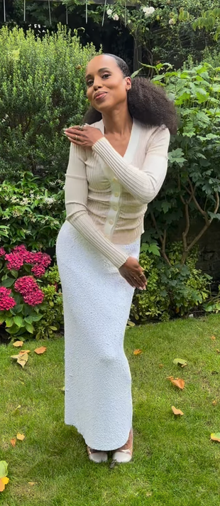 beige skirt and cardigan sweater?