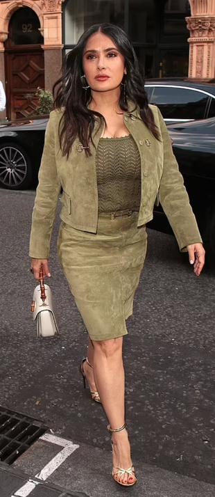 green suede skirt, shirt, gold sandals, jacket, and handbag?