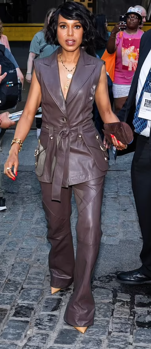 brown leather pants and belted vest?