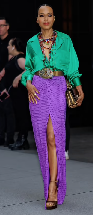 purple skirt, belt, green button down shirt, and platform sandals?