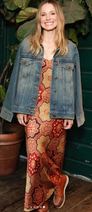 denim jacket, print orange dress, and boots?