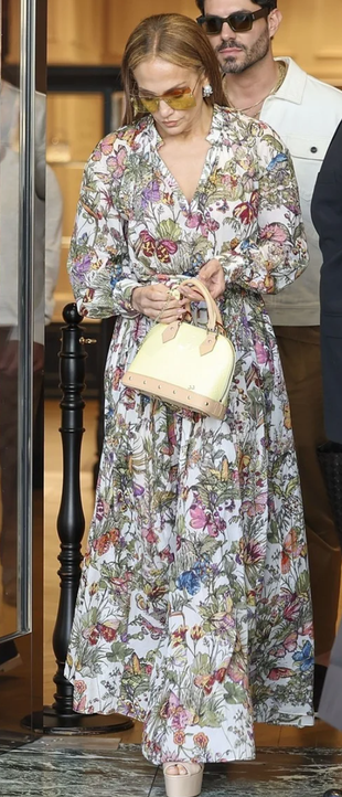 floral dress and yellow handbag?