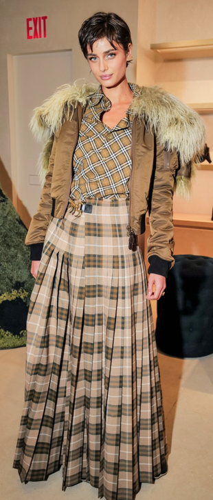 beige pleated skirt, tan check top, and bomber jacket?