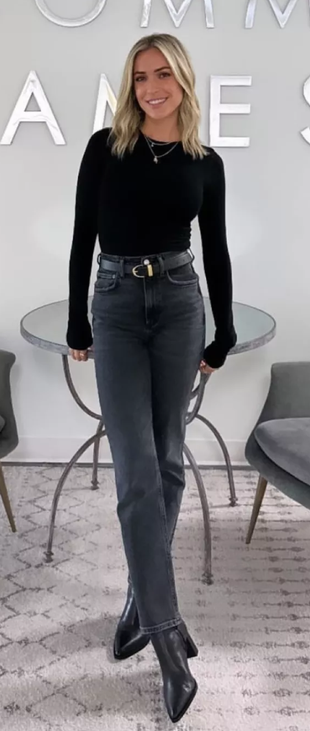 gray jeans black boots, long sleeve top, gold jewelry and belt?