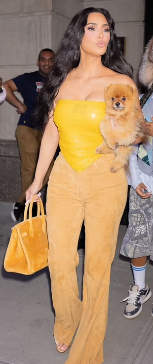 suede handbag, pants, and strapless yellow top?