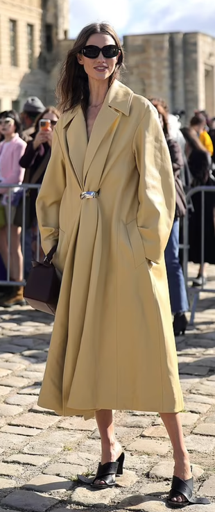 beige coat, mule sandals, and handbag?