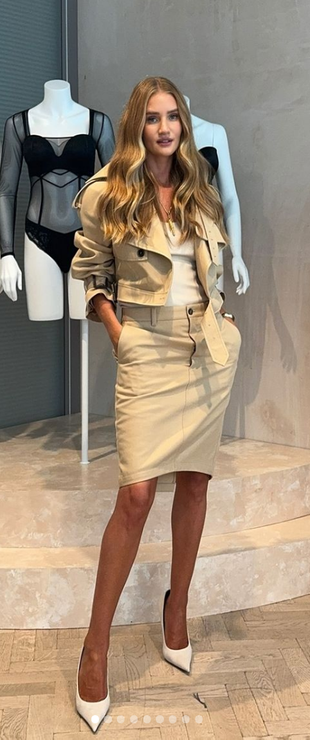 white pumps, beige skirt, jacket, and jewelry?