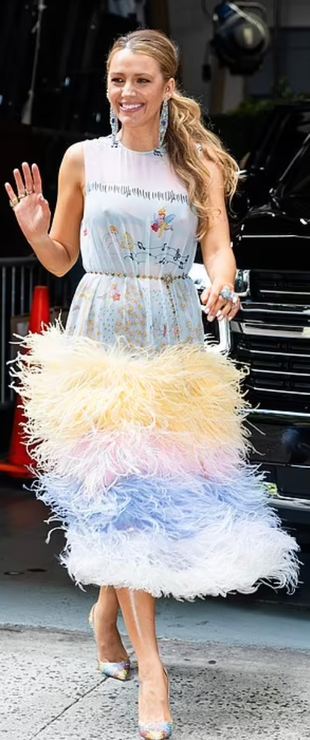 feather dress and rainbow crystal pumps?