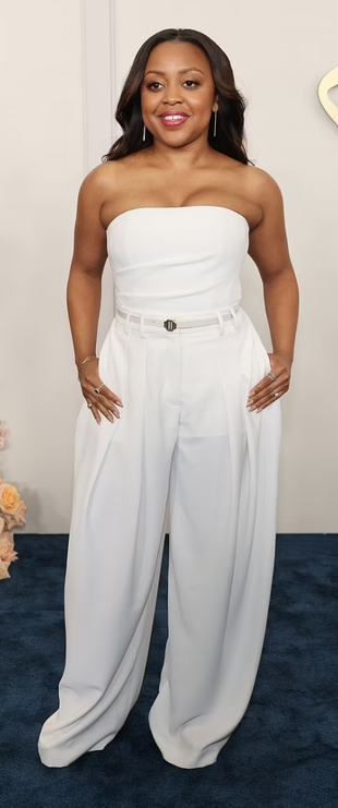 white pleated pants and strapless top?