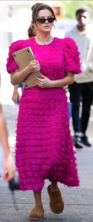 pink puff sleeve dress, black sunglasses, and beige shoes?