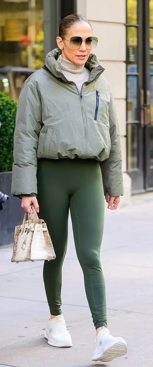 green leggings, sunglasses, sneakers, and tote handbag?