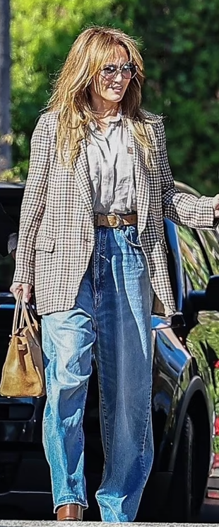 sunglasses, print blazer, and brown tote handbag?