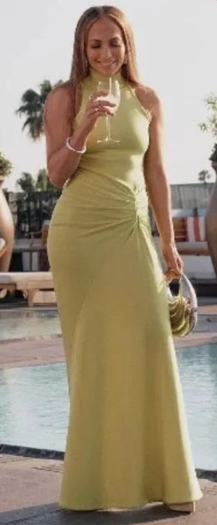 yellow dress, silver handbag, and jewelry?