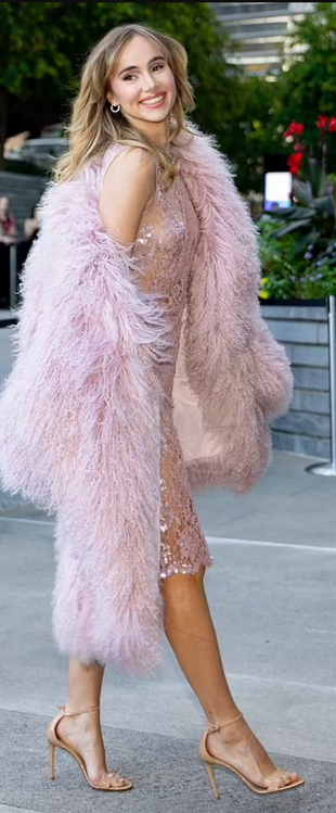 beige sandals, pink lace dress, and coat?