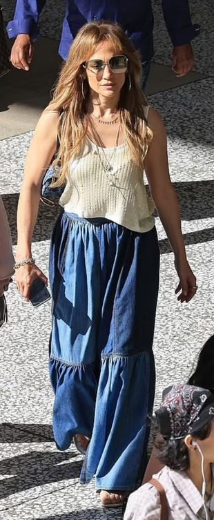 sunglasses, denim maxi skirt, jewelry, handbag, and flip flops?