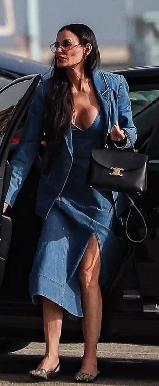 denim dress, blazer, and black handbag?