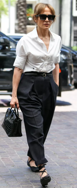 white shirt, black sunglasses, tote handbag, pants, and shoes?