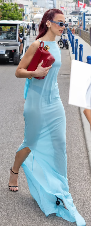 red handbag, blue dress, and sandals?