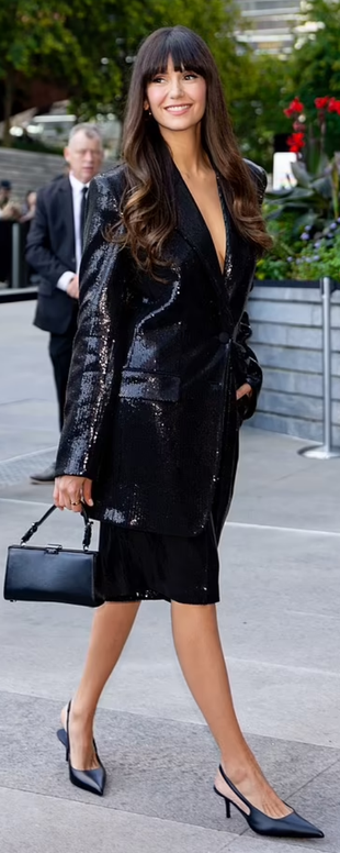 black sequin blazer, handbag, and slingback pumps?