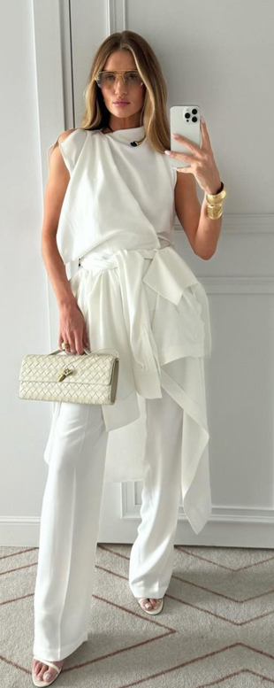 glasses, gold jewelry, sandals, white skirt, and shirt?