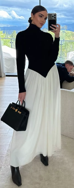 black ankle boots, tote handbag, and white and black turtleneck dress?