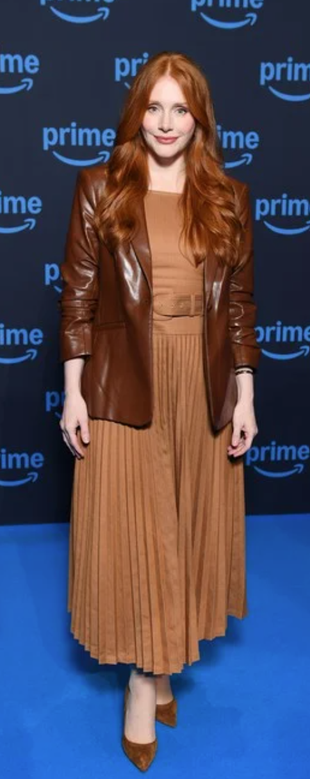 brown pleated belted dress?