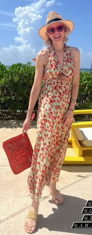 floral dress and red clutch handbag?