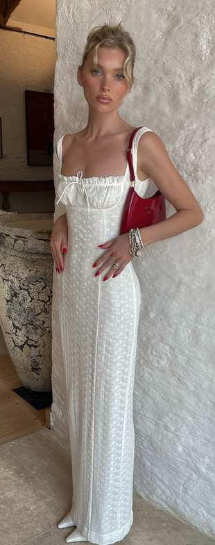 white eyelet dress and red handbag?