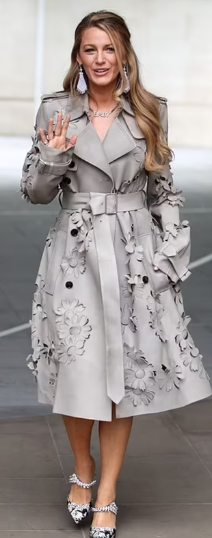 beige floral coat and crystal pumps?