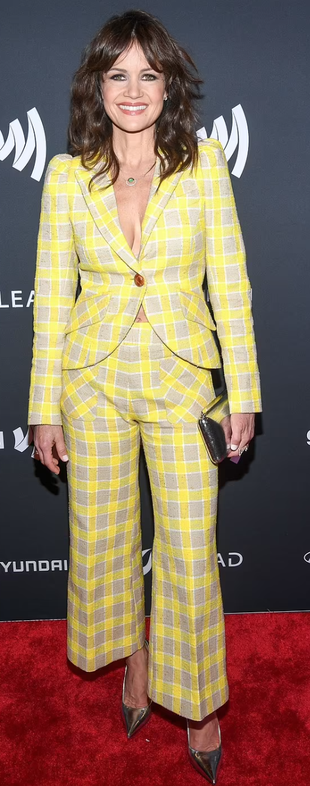 yellow plaid pants and beige check print blazer?