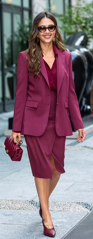 jewelry, red wrap skirt, blazer, and handbag?