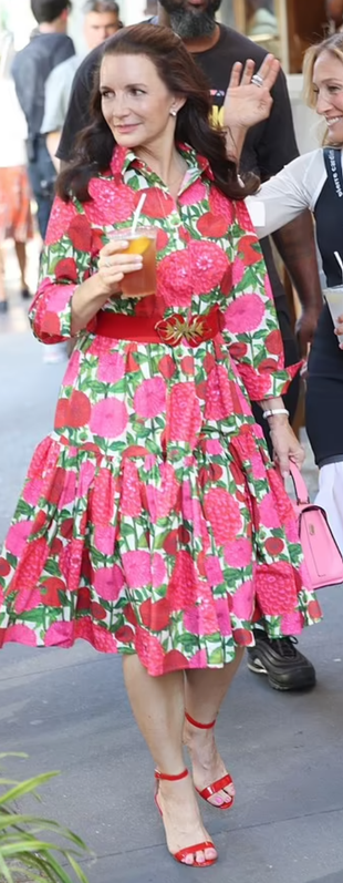 pink flap handbag, ankle strap sandals and red floral shirt dress?