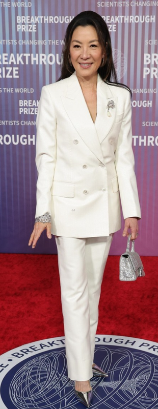 white blazer, silver handbag, and pants?