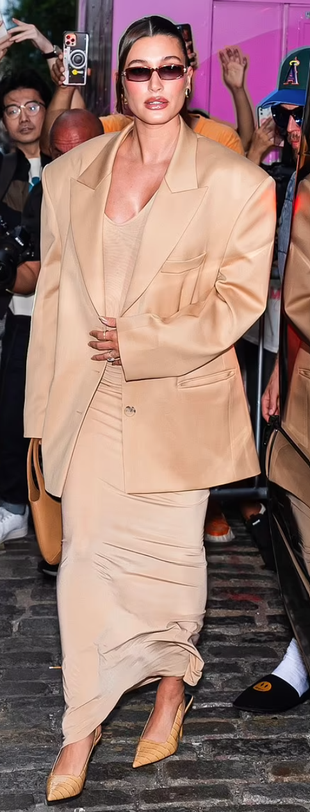 beige dress, blazer, shoes, and handbag?