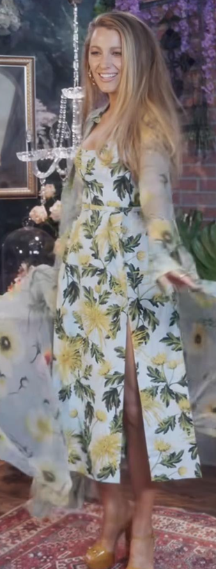 yellow platform sandals, floral dress, and coat?