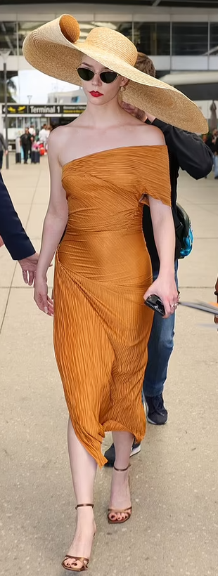 orange shoulder dress, sandals, and beige hat?