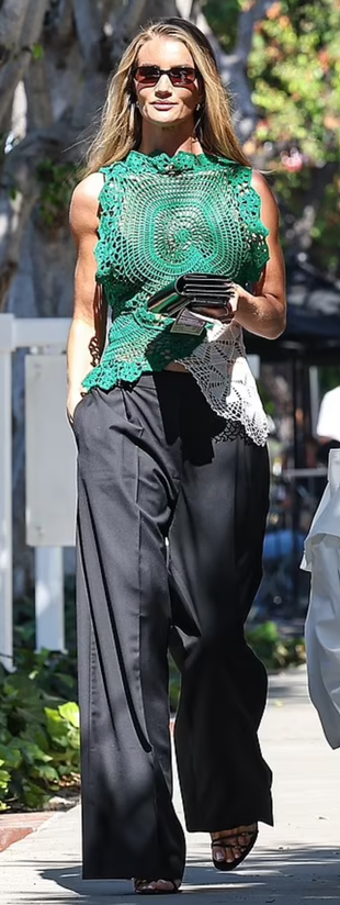 black sandals, green knit top, sunglasses, and jewelry?