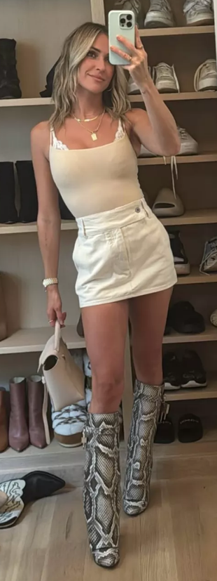 beige shirt, mini skirt, handbag, and boots?