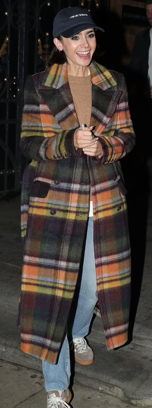 plaid belted coat and brown sneakers?