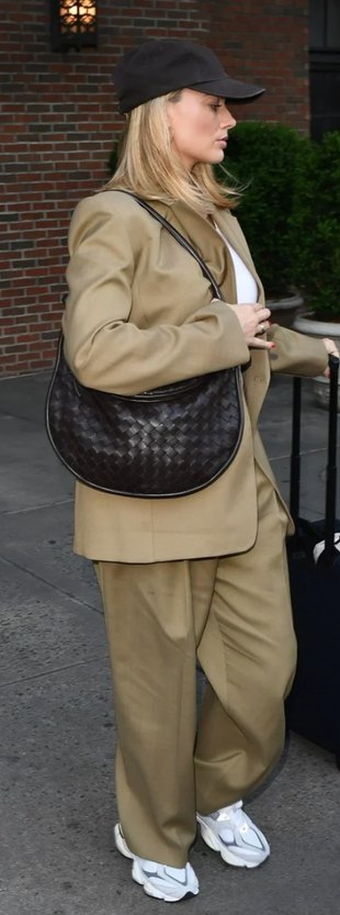 beige pants, blazer, and woven handbag?