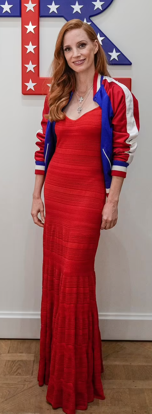 blue bomber jacket and red gown?