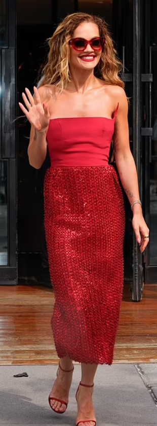 red sequin skirt, sandals and strapless top?