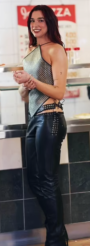 black leather pants and silver top?