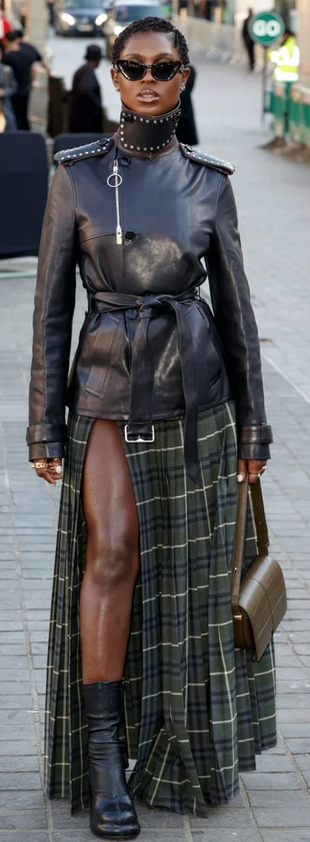 black leather jacket, green plaid skirt and ankle boots?