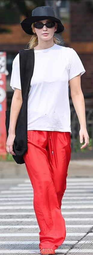 red shoes, black handbag, black hat, and white tee?